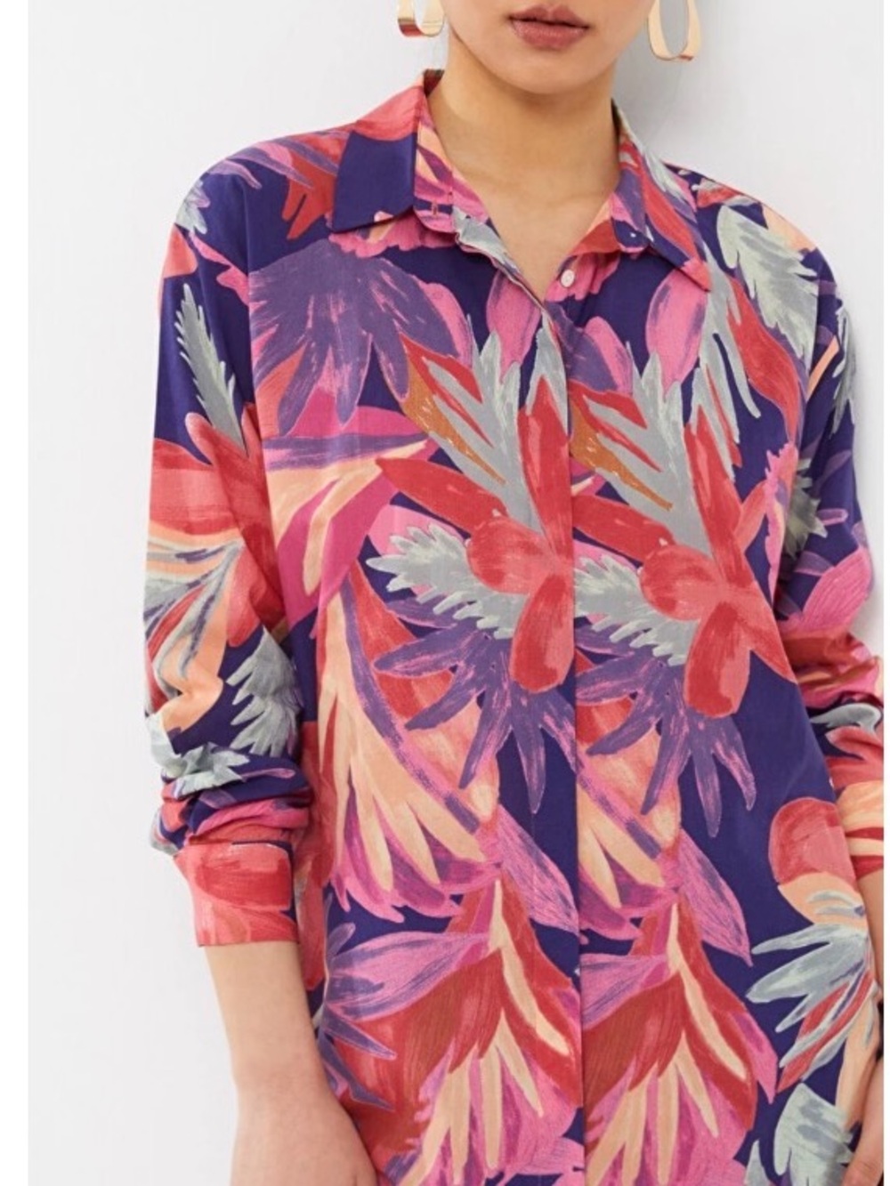 LC Waikiki long-sleeve voile shirt features a tropical floral pattern size xl